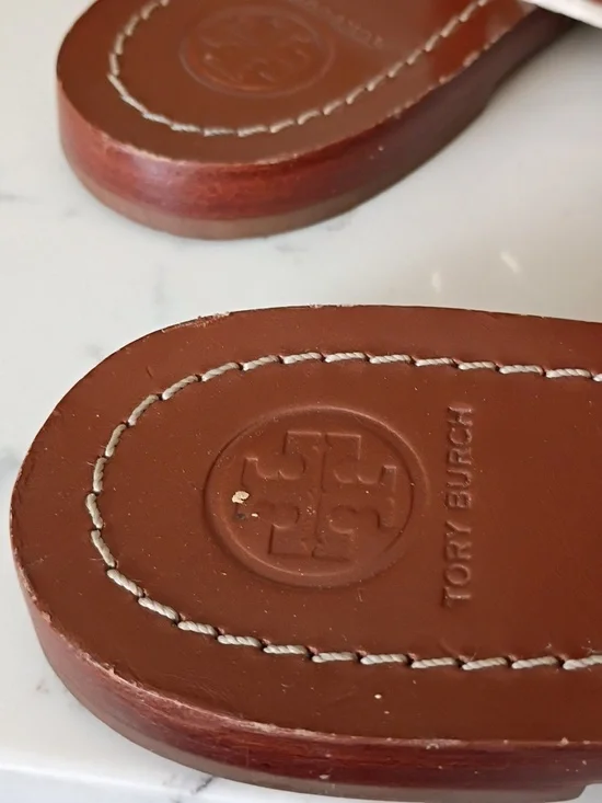 TORY BURCH Handcrafted Brown Leather Slide Sandals with Blue Embroidered Flower - Picture 6 of 12